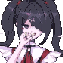 Anime girl with pigtails exhaling a cloud of smoke in a pixel art style.