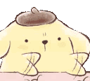 Pompompurin the golden retriever dog wearing a brown beret peeks over a ledge while staring blankly.