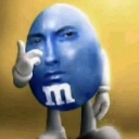 Blue M&M character with the face of rapper Eminem looking at the camera with a serious expression.