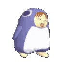 Chiyo Mihama from Azumanga Daioh wearing a purple penguin costume and smiling happily.