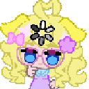 A blonde girl with glasses and a pink bow thinking with a spinning loading icon above her head.