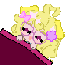 A blonde girl with pink glasses and bows resting her head on a ledge while a blue Z symbol appears to indicate she is sleepi…