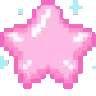 Four glossy pink stars arranged in a row with small blue sparkles surrounding them.