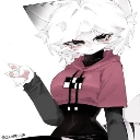 Anime cat-girl with white hair and a pink cropped hoodie looking smugly at the viewer.