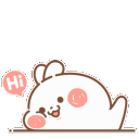 A cute white bunny with pink cheeks waving hello with a speech bubble.