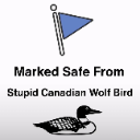 A blue flag icon above the text Marked Safe From Stupid Canadian Wolf Bird with a black and white illustration of a loon bel…