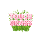 Pink text reading Touch Grass sits on top of a patch of green grass.