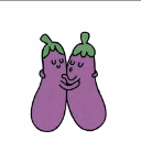 Two cartoon eggplants with faces hugging and kissing in a suggestive manner.