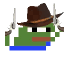 Pepe the Frog wearing a brown cowboy hat and holding two silver revolvers.