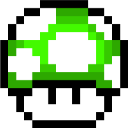 A pixelated green and white mushroom icon on a black background.