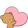 A small brown bear hugging a large pink heart with a gentle expression.