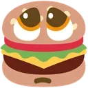 A cartoon hamburger with large, watery, pleading eyes looking upwards.