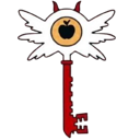 Lucifer's staff featuring a white wing-adorned top with an apple icon on a red handle.