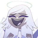 Emily from Hazbin Hotel laughing with her eyes closed and a wide, joyful expression.