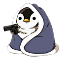 A penguin wrapped in a blue blanket holding a small black handgun.