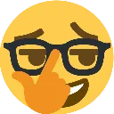 Yellow emoji face wearing black glasses and pointing to the frame with a smug expression.