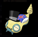 Dunsparce wearing a black top hat and a Union Jack pattern on its back with a mustache.