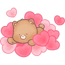 A cute brown bear lying on a pile of pink hearts.