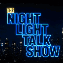 Neon blue text reading The Night Light Talk Show over a dark city skyline.