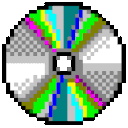 A series of four pixel-art discs in different stages of a colorful, rotating loading animation.