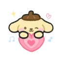 Pompompurin wearing a brown beret winks while holding a large pink heart.