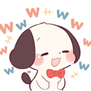 A cute white puppy with brown ears and a red bow tie laughing with the letter w floating around it.