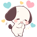 A cute white puppy with brown ears blushing and holding its paws together while surrounded by floating hearts.