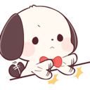 A small white puppy with brown ears and a red bowtie balancing on a thin line with a focused expression.