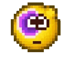 A yellow round creature with a large purple eye blinks and waves its hand.