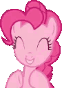 Four identical pink pony heads with closed eyes and wide, happy smiles arranged in a horizontal row.