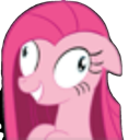 A pink pony with wide, unfocused eyes and a broad, manic smile.