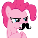 A pink pony with a serious expression wears a large black fake mustache.