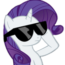 Rarity the unicorn wearing black sunglasses with a smug, cool expression.