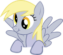 Derpy Hooves the gray pegasus pony with yellow hair looks around with a curious and slightly cross-eyed expression.