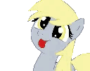 A gray pony with blonde hair sticking its tongue out in a silly and playful expression.