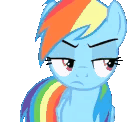 Rainbow Dash with a blue coat and rainbow mane looking sideways with a skeptical and unimpressed expression.