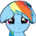 Rainbow Dash with a sad expression and watery eyes looking down.