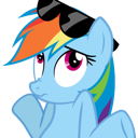 Rainbow Dash from My Little Pony wearing black sunglasses with a smug expression.