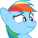 Rainbow Dash with a rainbow mane looking sideways with a skeptical and confused expression.