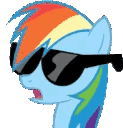 A light blue pony with a rainbow mane putting on black sunglasses.
