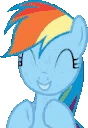 A row of four identical light blue ponies with rainbow manes smiling happily.