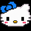 Hello Kitty face with a blue bow and pink cheeks in a pixel art style.