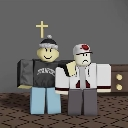Two Roblox avatars standing together, one smiling and one looking grumpy.