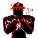 A dark silhouette of a character wearing a cap with glowing red outlines and text.