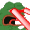 Pepe the Frog screaming with bright red laser beams shooting from his eyes.