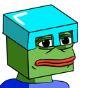 Pepe the Frog wearing a blue diamond Minecraft helmet with a sad, melancholy expression.