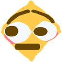 Diamond shaped face with wide eyes and a flat mouth looking awkwardly to the side.
