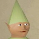 A low-poly humanoid character with a blank expression wearing a green cone hat.