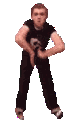 A person performing a goofy, awkward dance move against a black background.