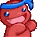 Red character with a blue headband smiling and reaching out for a hug.
